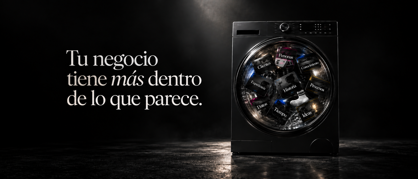 Tu negocio tiene más dentro de lo que parece — lavadora negra con las nueve oportunidades del negocio girando dentro, junto a un calcetín blanco.