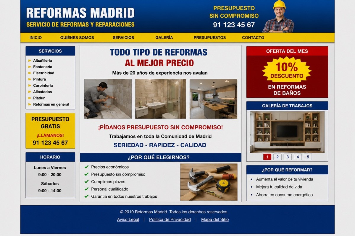 Ejemplo de web de reformas con diseño genérico de plantilla